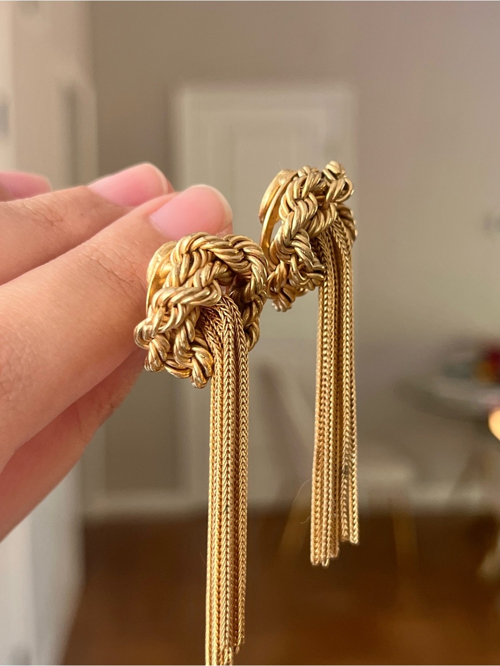 SOLD Authentic Vintage Dior 40s Braided Knot Tassel Drop Long Gold Clip Earrings - Picture 4 of 6